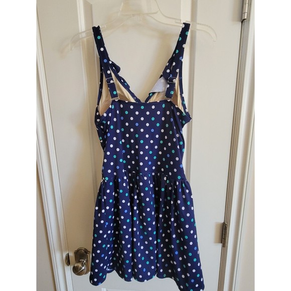 Denim & Co. Beach Ruffle Neck Skirted Swim Dress Suit Blue Dots NWOT Sz 12 - Picture 5 of 10